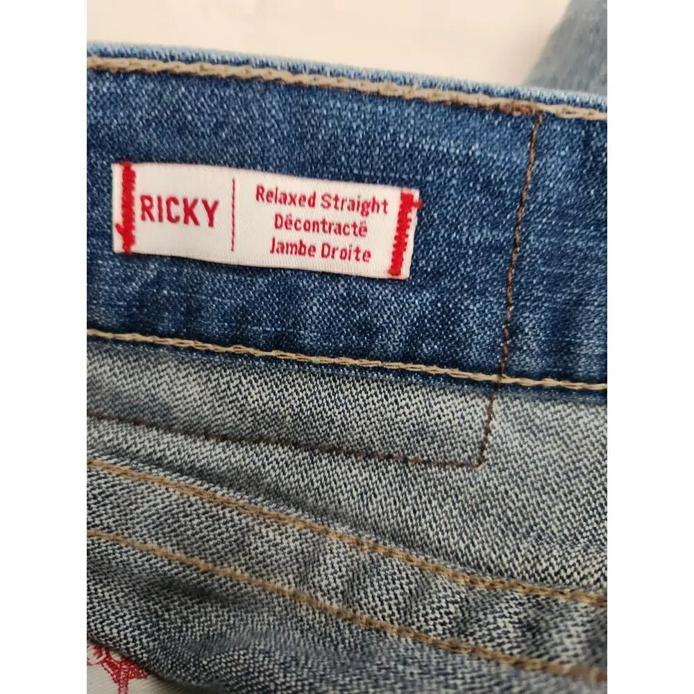 True Religion Mens Ricky Relaxed Straight Flap Jeans sz 32×33 factory distressed